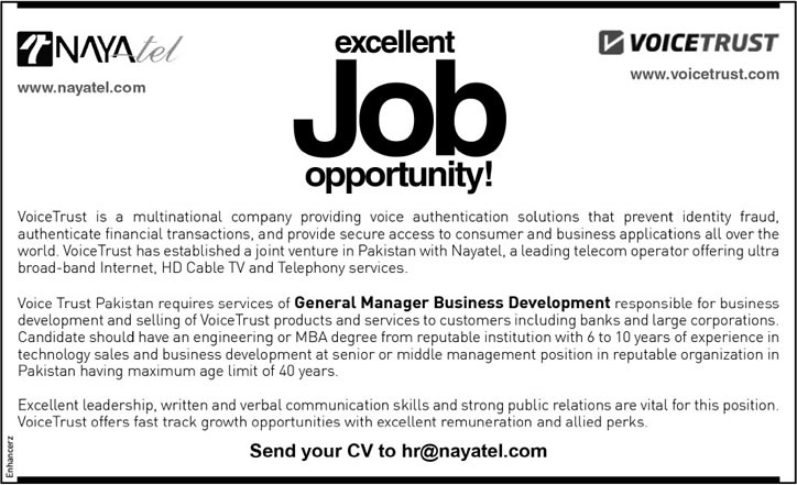 Nayatel Jobs in Islamabad 2013 December for General Manager Business Development