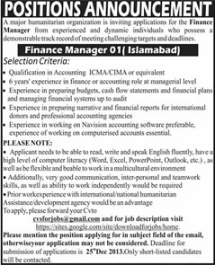 Finance Manager Jobs in Islamabad 2013 December at an International NGO