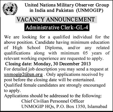 United Nations - UNMOGIP Jobs in Islamabad 2013 December for Administrative Clerk