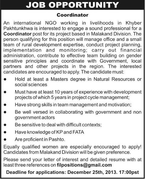 International NGO Jobs in KPK December 2013 for Coordinator in Malakand Division