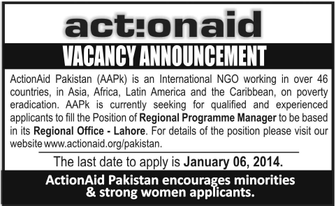 Actionaid Pakistan Jobs in Lahore 2013 December for Regional Program Manager