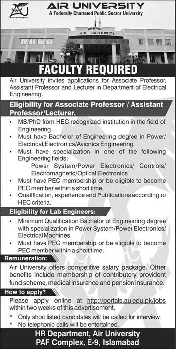 Air University Islamabad Jobs 2013 December for Associate / Assistant Professors, Lecturer & Lab Engineers