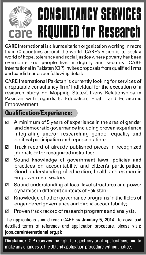 Care International Jobs in Pakistan 2013 December for Consultancy Services