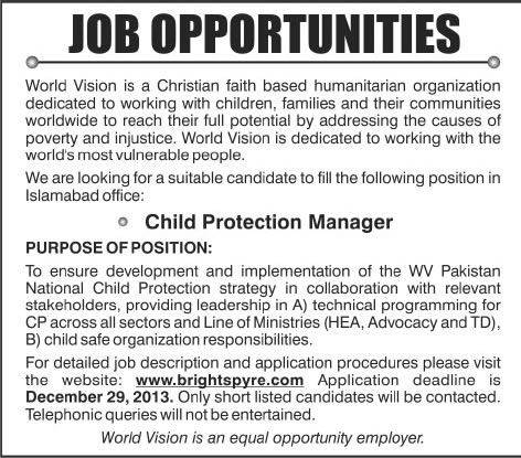 World Vision Pakistan Jobs 2013 December for Child Protection Manager in Islamabad