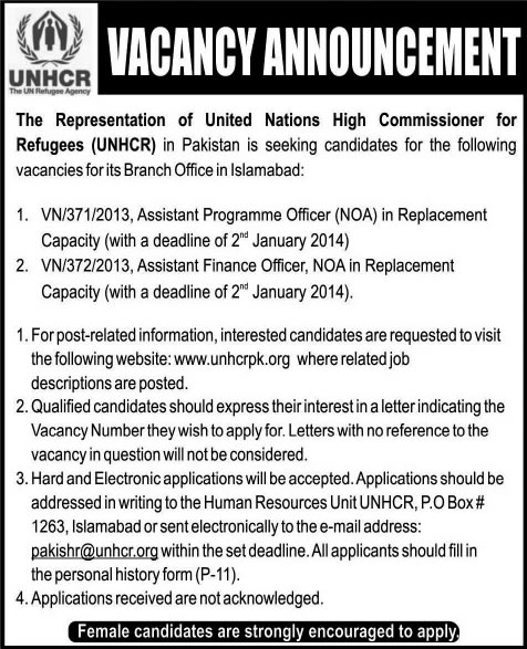 UNHCR Pakistan Jobs in Islamabad 2013 December for Assistant Program/ Finance Officer