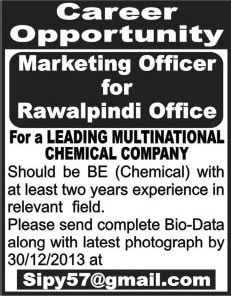 Marketing Officer Jobs in Rawalpindi 2013 December at a Multinational Chemical Company