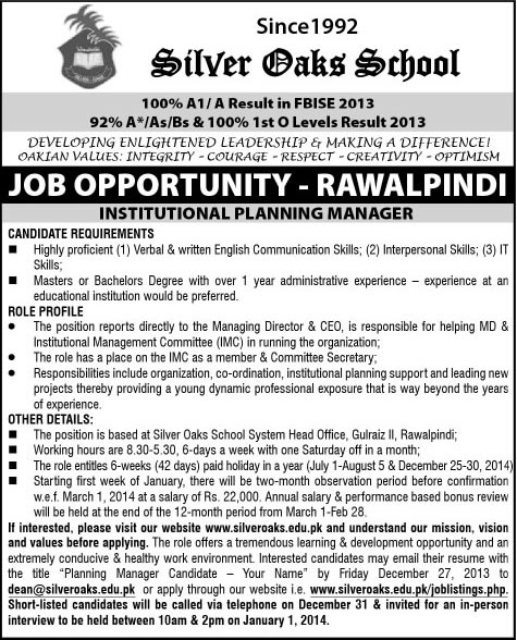 Silver Oaks School Rawalpindi Jobs 2013 December for Institutional Planning Manager