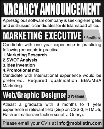 Marketing Executive, Web/ Graphic Designer Jobs in Islamabad 2013 December for Mobiletin