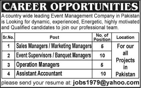 Sales / Marketing Managers, Banquet Managers & Accountant Jobs in Pakistan 2013 December for Event Management Company