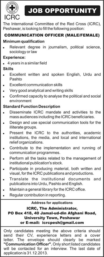 ICRC Pakistan Jobs 2013 December for Communication Officer