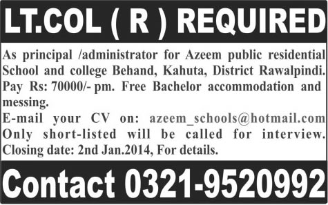 Principal Jobs in Rawalpindi 2013 December for Azeem Public School & College Behand, Kahuta