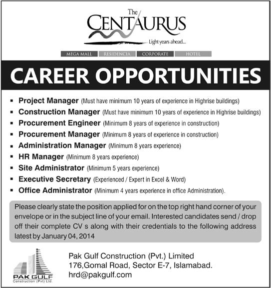 Pak Gulf Construction (Pvt.) Limited Jobs 2013 2014 January for the Centaurus Mall Islamabad