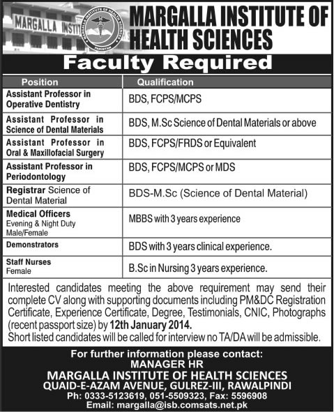 Margalla Institute of Health Sciences Rawalpindi Jobs for Teaching Faculty, Medical Officers, Staff Nurses
