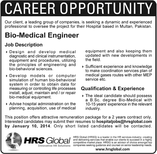 Biomedical Engineers Jobs in Multan December 2013 2014 for a Group of Companies
