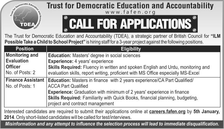 Monitoring & Evaluation Officer and Finance Assistant Jobs in Islamabad Jobs 2014 at Trust for Democratic Education & Accountability (TDEA)