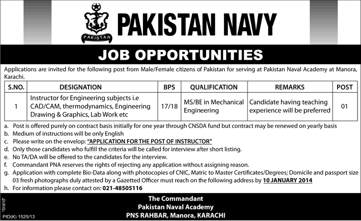 Pakistan Navy Jobs in Karachi 2014 Instructor for Engineering Subjects