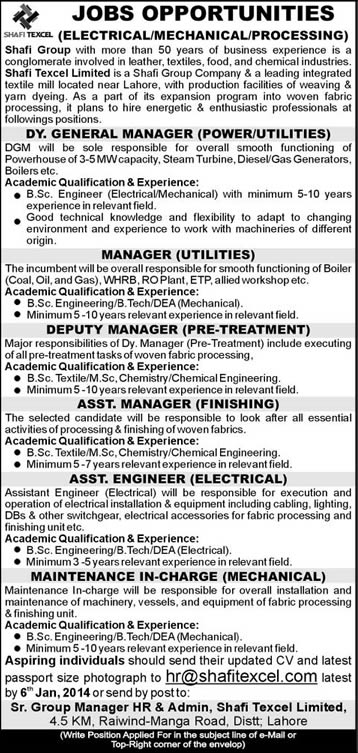 Shafi Texcel Jobs in Lahore 2013 December for Managers, Engineers & Maintenance In-Charge