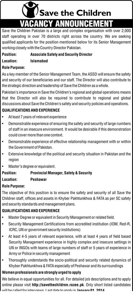Save The Children Jobs in 2013 December for Associate Director/ Provincial Manager Safety & Security