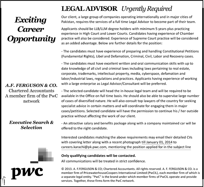Legal Advisor Jobs in Karachi 2013 December for PricewaterhouseCoopers International Limited