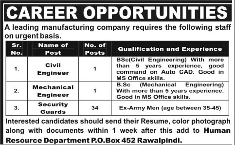 Security Guards & Civil / Mechanical Engineering Jobs in Rawalpindi 2014 / 2013 December PO Box 452