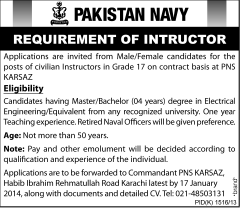 Pakistan Navy Jobs in Karachi 2013 December for Civilian Instructor