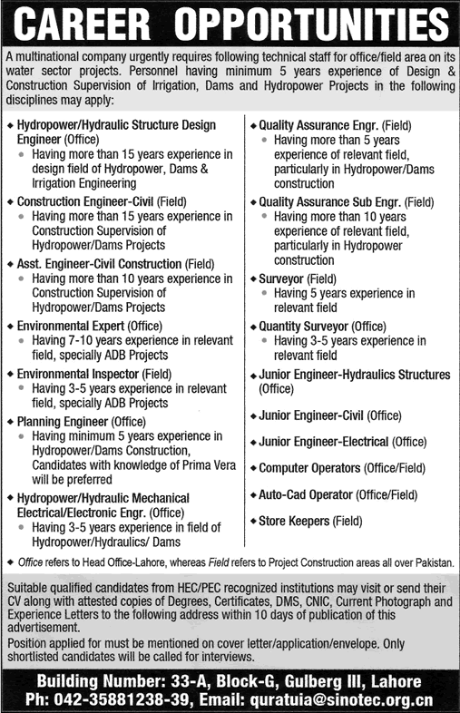 AutoCAD Operators, Store Keeper, Quantity Surveyor & Engineers Jobs in Pakistan 2014 at Sinotec Co. Ltd