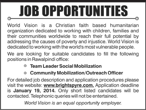 World Vision Pakistan Jobs 2014 in Rawalpindi for Team Leader Social Mobilization & Community Mobilization / Outreach Officer