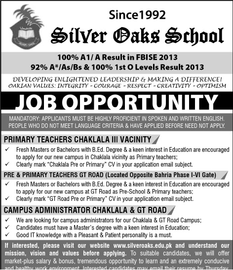 Silver Oaks School Rawalpindi Jobs 2014 for Teachers & Campus Administrator