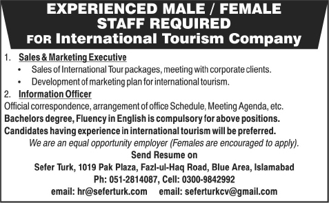 Sales & Marketing Executive and Information Officer Jobs in Islamabad 2014 at Sefer Turk Tourism & Travel Agency