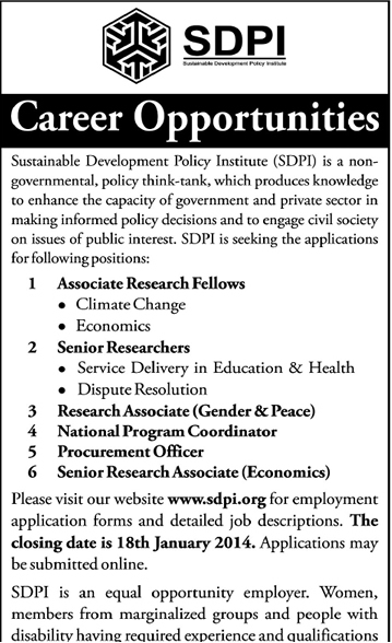 Sustainable Development Policy Institute (SDPI) Jobs 2014 for Researchers, Program Coordinator & Procurement Officer