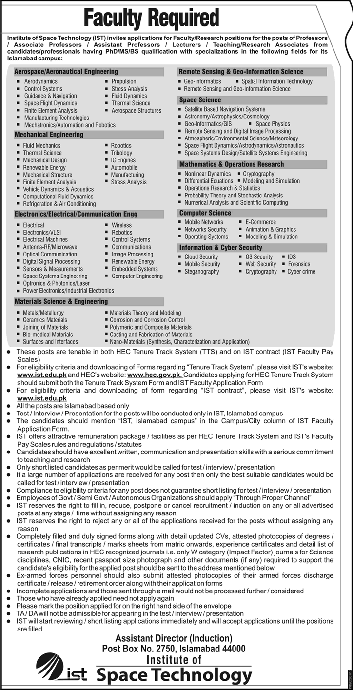 Institute of Space Technology Islamabad Jobs 2014 for Teaching Faculty