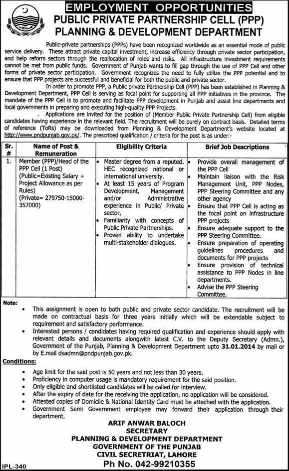 Government of Punjab Jobs 2014 for Head of Public Private Partnership Cell