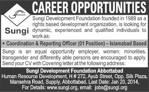 Coordination & Reporting Officer Job in Sungi Development Foundation Islamabad 2014