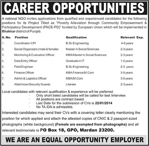 European Union Funded Project PACE-PD Jobs in Bhakkar Punjab 2014 under National NGO