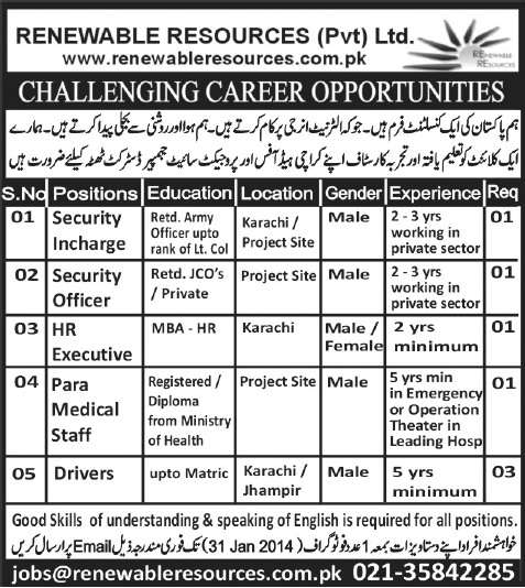 Security Incharge / Officer, HR Executive, Paramedical Staff & Driver Jobs in Karachi / Thatta 2014 for Renewable Resources Pvt. Ltd