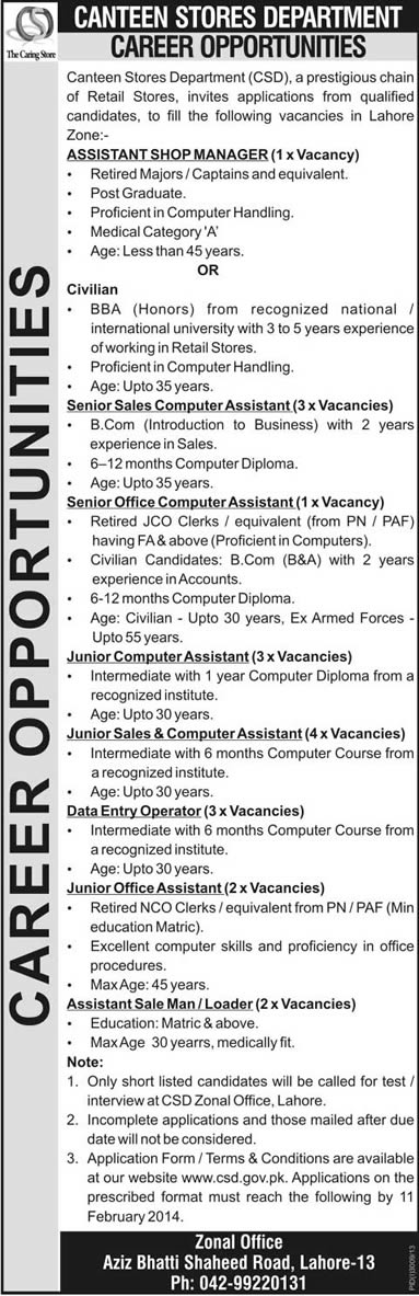 Canteen Store Department (CSD) Lahore Jobs 2014 Latest