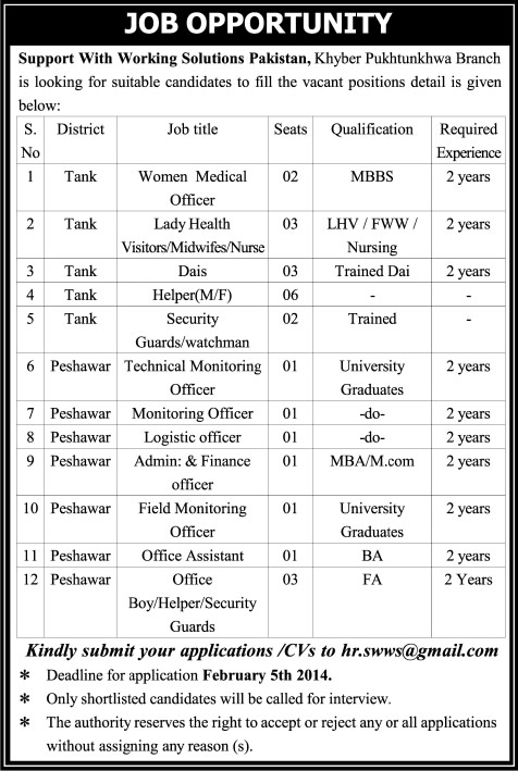 Support with Working Solutions Pakistan Jobs 2014 February Latest