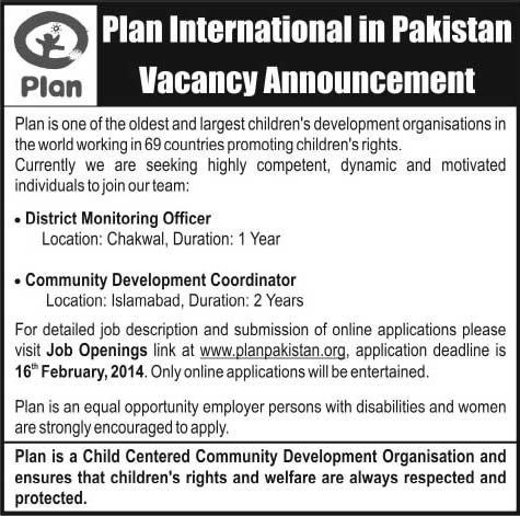 Plan International Pakistan Jobs 2014 February for District Monitoring Officer & Community Development Coordinator