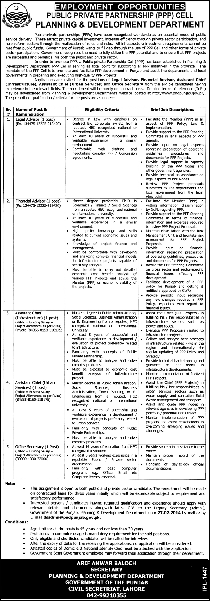 Public Private Partnership (PPP) Cell Punjab Jobs 2014 February