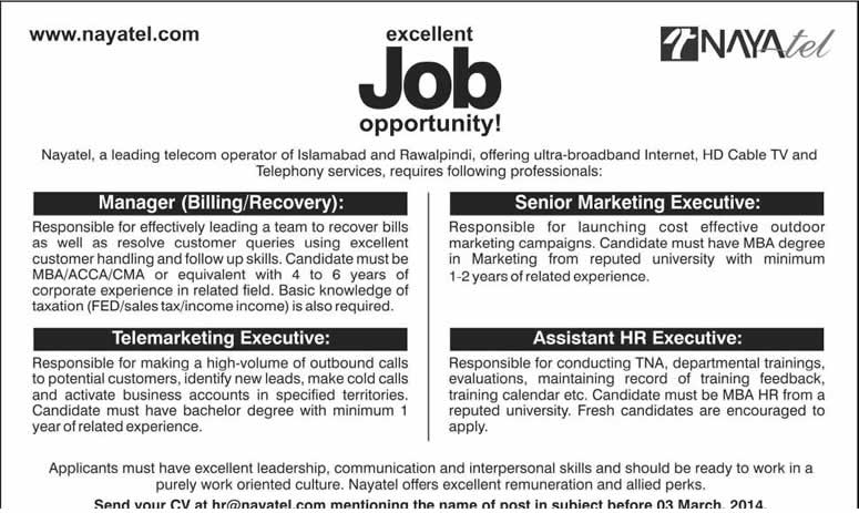 Nayatel Jobs 2014 February for Manager Billing & Recovery, Marketing / Telemarketing & HR Executive