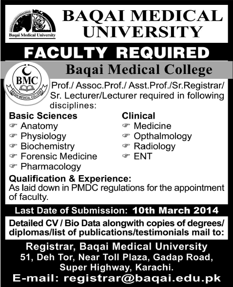 Medical Faculty Jobs in Karachi 2014 February at Baqai Medical University