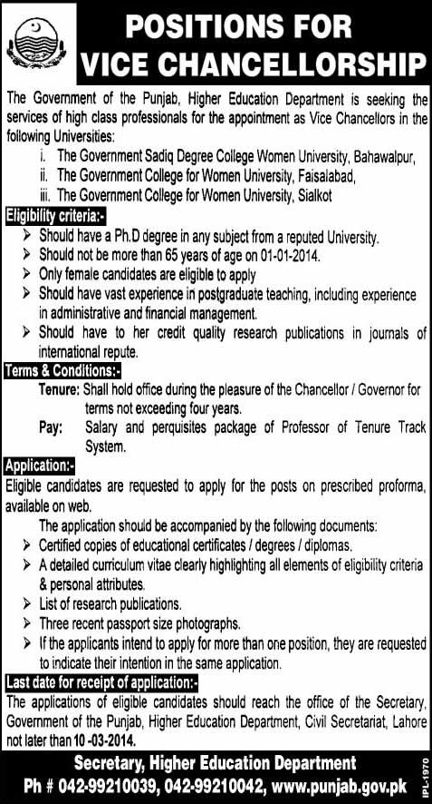 Higher Education Department Punjab Jobs 2014 February for Vice Chancellors