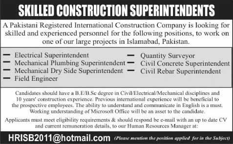 Construction Company Jobs in Islamabad 2014 March for Electrical / Mechanical / CIvil Engineers & Staff