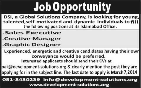 Sales Executive, Creative Manager & Graphic Designer Jobs in Islamabad 2014 March at DSI