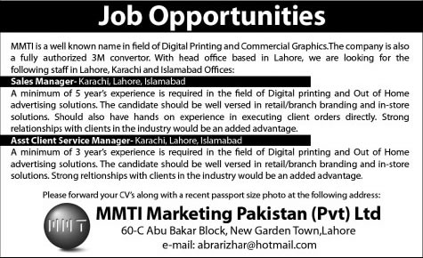 Assistant Client Service / Sales Manager Jobs 2014 March at MMTI Marketing Pakistan Pvt. Ltd
