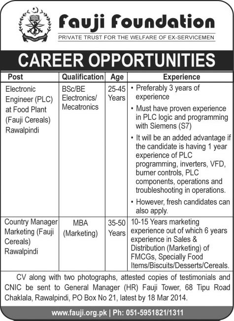 Electronic Engineering & Marketing Manager Jobs in Rawalpindi 2014 March at Fauji Cereals