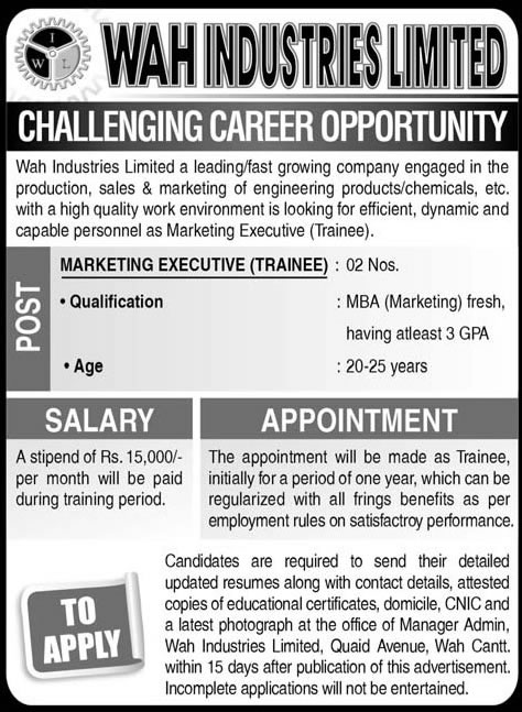 Trainee Marketing Executive Jobs at Wah Industries Limited 2014 March