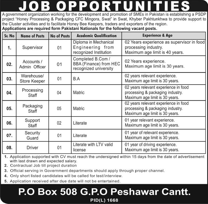 KPK Government Jobs in Mingora Swat March 2014 for PSDP Project Honey Processing & Packaging CFC