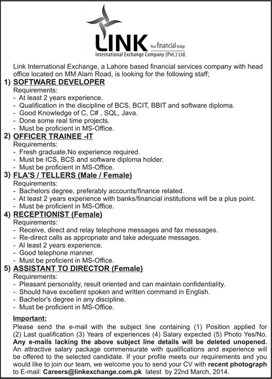 Link International Exchange Company Jobs 2014 March for Software Developer, Officer Trainee, Tellers, Receptionist & Assistant