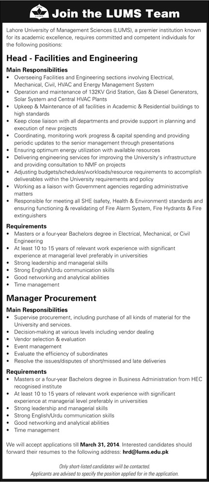 LUMS Lahore Jobs 2014 March for Manager Procurement & Head of Facilities & Engineering